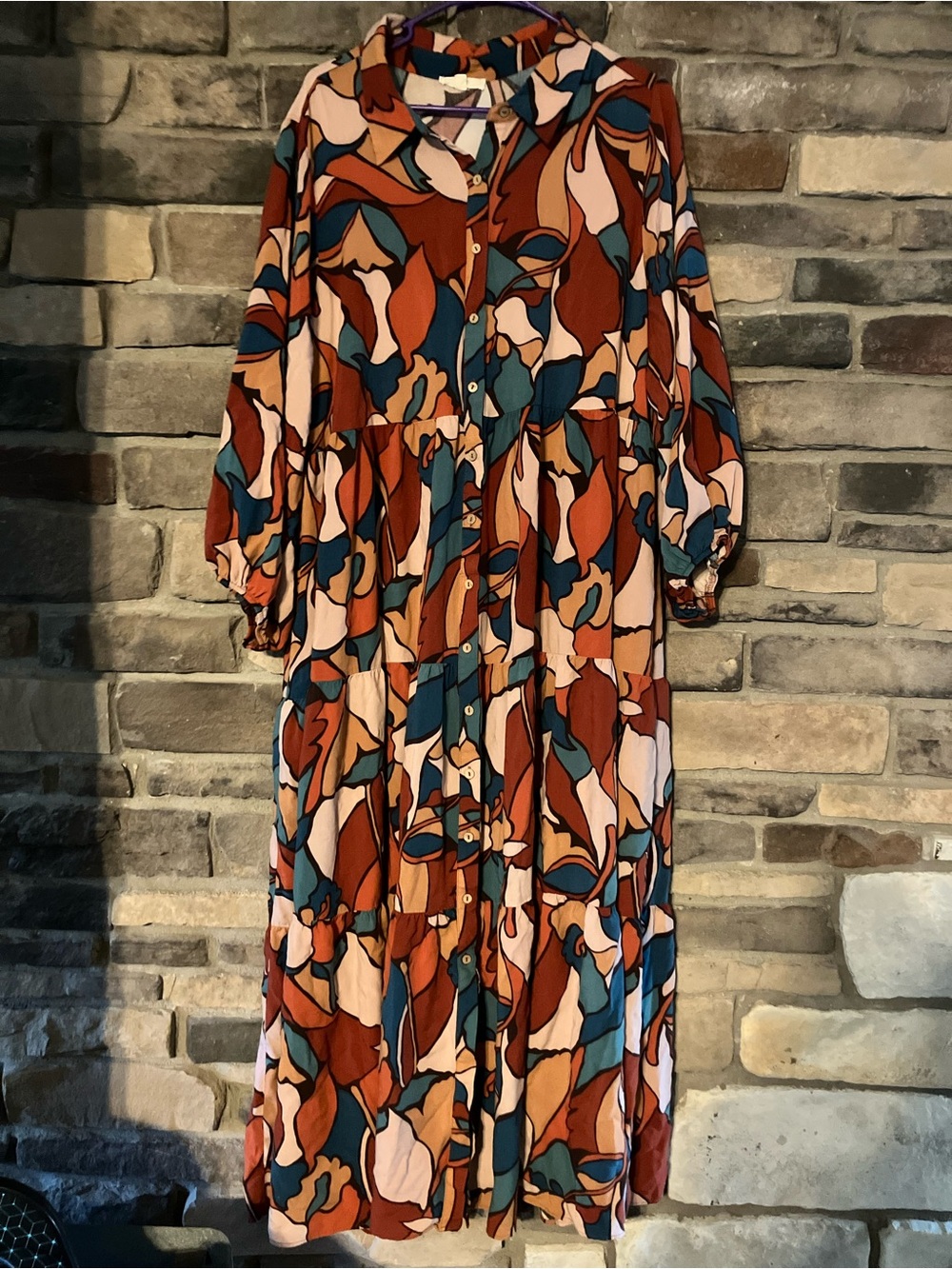 Easel Abstract Print Button-Front Dress in Rust and Teal